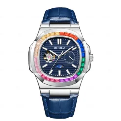 ONOLA Men Mechanical Watch Fashion Business Wristwatch Automatic Self-winding Moon phase Luminous Waterproof Leather Watch