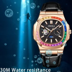 ONOLA Men Mechanical Watch Fashion Business Wristwatch Automatic Self-winding Moon phase Luminous Waterproof Leather Watch