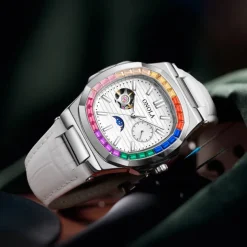 ONOLA Men Mechanical Watch Fashion Business Wristwatch Automatic Self-winding Moon phase Luminous Waterproof Leather Watch