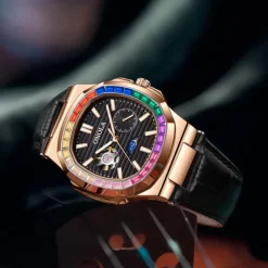 ONOLA Men Mechanical Watch Fashion Business Wristwatch Automatic Self-winding Moon phase Luminous Waterproof Leather Watch