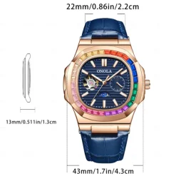 ONOLA Men Mechanical Watch Fashion Business Wristwatch Automatic Self-winding Moon phase Luminous Waterproof Leather Watch