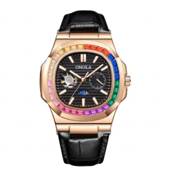 ONOLA Men Mechanical Watch Fashion Business Wristwatch Automatic Self-winding Moon phase Luminous Waterproof Leather Watch