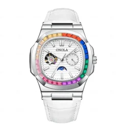 ONOLA Men Mechanical Watch Fashion Business Wristwatch Automatic Self-winding Moon phase Luminous Waterproof Leather Watch