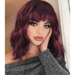 Orange Red Wigs for Women Short Wavy Bob Wig with Bangs Curly Ginger Wig Shoulder Length Copper Red Hair 14 Inch Colored Synthetic Wig for Cosplay Daily Party Use Halloween Wigs