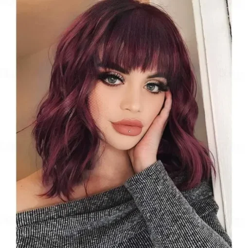Orange Red Wigs for Women Short Wavy Bob Wig with Bangs Curly Ginger Wig Shoulder Length Copper Red Hair 14 Inch Colored Synthetic Wig for Cosplay Daily Party Use Halloween Wigs
