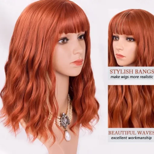 Orange Red Wigs for Women Short Wavy Bob Wig with Bangs Curly Ginger Wig Shoulder Length Copper Red Hair 14 Inch Colored Synthetic Wig for Cosplay Daily Party Use Halloween Wigs