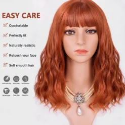 Orange Red Wigs for Women Short Wavy Bob Wig with Bangs Curly Ginger Wig Shoulder Length Copper Red Hair 14 Inch Colored Synthetic Wig for Cosplay Daily Party Use Halloween Wigs