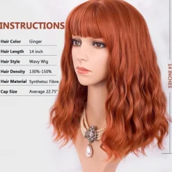 Orange Red Wigs for Women Short Wavy Bob Wig with Bangs Curly Ginger Wig Shoulder Length Copper Red Hair 14 Inch Colored Synthetic Wig for Cosplay Daily Party Use Halloween Wigs