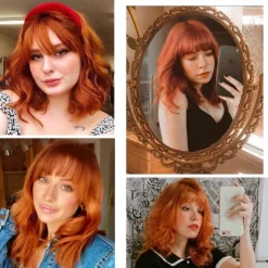 Orange Red Wigs for Women Short Wavy Bob Wig with Bangs Curly Ginger Wig Shoulder Length Copper Red Hair 14 Inch Colored Synthetic Wig for Cosplay Daily Party Use Halloween Wigs