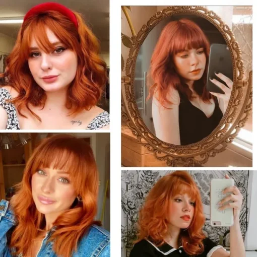 Orange Red Wigs for Women Short Wavy Bob Wig with Bangs Curly Ginger Wig Shoulder Length Copper Red Hair 14 Inch Colored Synthetic Wig for Cosplay Daily Party Use Halloween Wigs