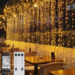 Outdoor Christmas Icicle Window Curtain Lights 6x1M-300LED Plug in 9 Colors Remote Control Window Wall Hanging Light Warm White RGB for Bedroom Party Garden Christmas Decorations 31V EU/US/AU/UK Plug