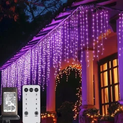 Outdoor Christmas Icicle Window Curtain Lights 6x1M-300LED Plug in 9 Colors Remote Control Window Wall Hanging Light Warm White RGB for Bedroom Party Garden Christmas Decorations 31V EU/US/AU/UK Plug