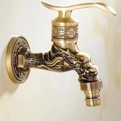 Outdoor Faucet,Wall Mount Antique Brass Faucet,Garden Outdoor Decorative Hose 1/2 inch Connection Spigot Carving Desigh with Cold Water Only