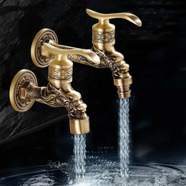 Outdoor Faucet,Wall Mount Antique Brass Faucet,Garden Outdoor Decorative Hose 1/2 inch Connection Spigot Carving Desigh with Cold Water Only