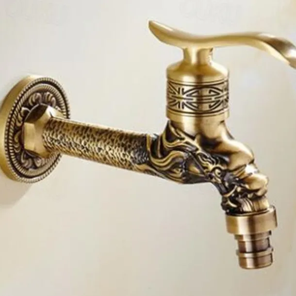 Outdoor Faucet,Wall Mount Antique Brass Faucet,Garden Outdoor Decorative Hose 1/2 inch Connection Spigot Carving Desigh with Cold Water Only