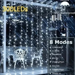 Outdoor Solar Curtain String Light, 3 * 3M-300LED/3 * 2M-200LED/3 * 1M-100LED, 8 Lighting Modes, IP65 Waterproof, Suitable for Home Garden, Porch, Backyard Wedding Parties, Thanksgiving Christmas