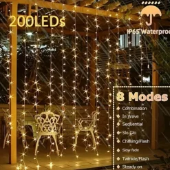 Outdoor Solar Curtain String Light, 3 * 3M-300LED/3 * 2M-200LED/3 * 1M-100LED, 8 Lighting Modes, IP65 Waterproof, Suitable for Home Garden, Porch, Backyard Wedding Parties, Thanksgiving Christmas