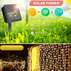 Outdoor Solar Curtain String Light, 3 * 3M-300LED/3 * 2M-200LED/3 * 1M-100LED, 8 Lighting Modes, IP65 Waterproof, Suitable for Home Garden, Porch, Backyard Wedding Parties, Thanksgiving Christmas
