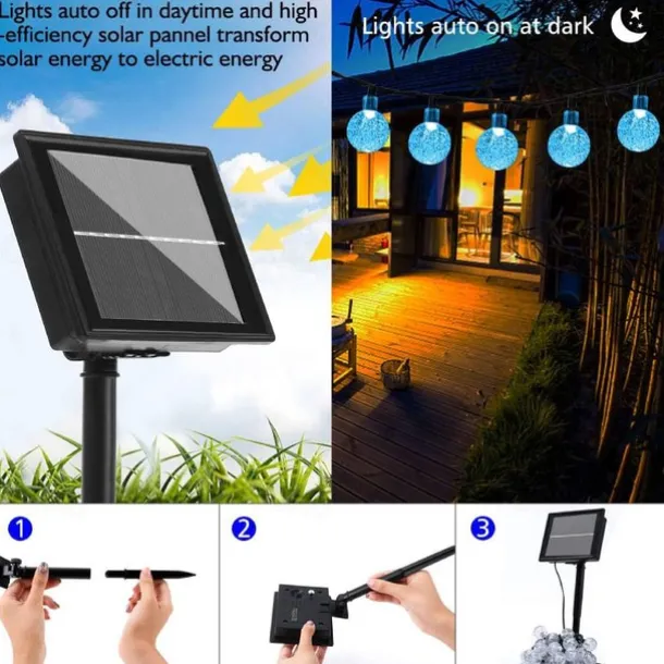 Outdoor Solar Globe String Lights, 10M 50 LEDs Waterproof Crystal Ball Lights with 8 Modes for Christmas, Wedding, Garden, Lawn, Party & Patio Decorations