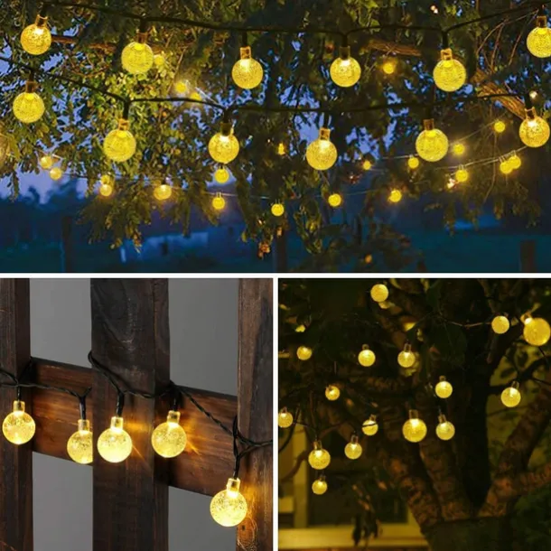 Outdoor Solar String Lights, 10M 50LED Waterproof Christmas Fairy Lights with 8 Modes, Crystal Ball Design for Christmas, Garden, Lawn, Porch, Gazebo & Bistro Decor