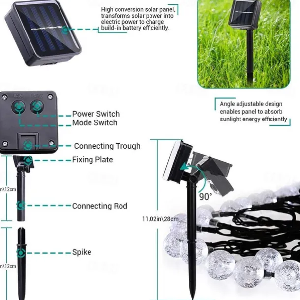 Outdoor Solar String Lights, 10M 50LED Waterproof Christmas Fairy Lights with 8 Modes, Crystal Ball Design for Christmas, Garden, Lawn, Porch, Gazebo & Bistro Decor