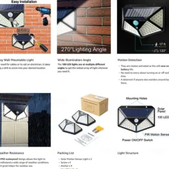Outdoor Solar Wall Lamp with Motion Sensor, 100 LEDs, 3 Modes, 270° Lighting Angle, IP67 Waterproof for Garage, Fence, Deck & Courtyard 2/4PCS