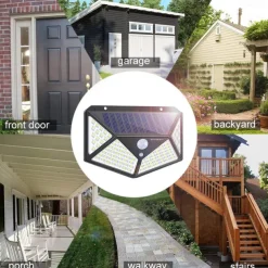 Outdoor Solar Wall Lamp with Motion Sensor, 100 LEDs, 3 Modes, 270° Lighting Angle, IP67 Waterproof for Garage, Fence, Deck & Courtyard 2/4PCS