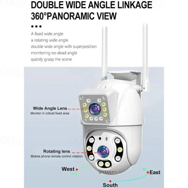 1080P Dual Lens Outdoor Security Camera CCTV Surveillance Camera PTZ Camera 2.4GHz Wireless WiFi Camera Motion Detection Night Vision Auto Tracking Camera IP66 Waterproof