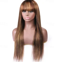 P4/27 Highlight Straight Human Hair Wigs With Bangs Full Machine Made Wigs 150% Density 12-26 Inch