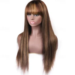 P4/27 Highlight Straight Human Hair Wigs With Bangs Full Machine Made Wigs 150% Density 12-26 Inch