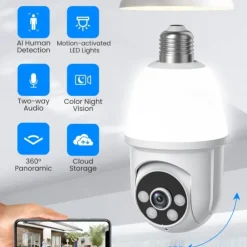 1080P Light Bulb Security Camera with Motion Detection and Alarm 2.4GHz WiFi Only Two-Way Talk Color Night Vision Human Detection for Indoor/Outdoor Home Security (with LED Bulb)
