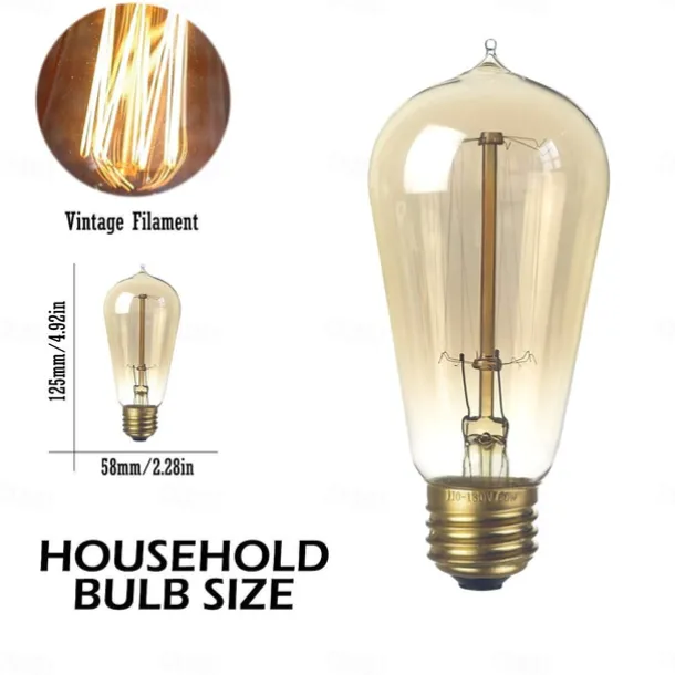 6-Pack 40W Edison Light Bulbs ST58 Filament Vintage Bulb Antique Style Incandescent Light Bulbs - AC220/110V E26/E27 Base -Clear Glass- Tear Drop Top Lamp for Chandeliers Wall Sconces Pendant Lighting