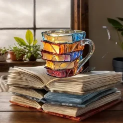 Painted Book Mug 300ml/10oz Guitar Coffee Cup Book Coffee Mug Unique Colorful Resin Books Stack Coffee Cup Collection Gift Ideal for Book Lover Gifts