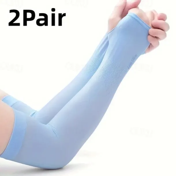 2pairs Long Solid Color Sun Sleeves, Thin High Elastic Cooling Arm Cover, Summer Sport Sleeves For Running Fishing Riding