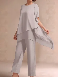 Pantsuit 2 Piece Mother of the Bride Dress Classic Crew Neck Elegant Asymmetrical Chiffon Short Sleeve with Solid Color