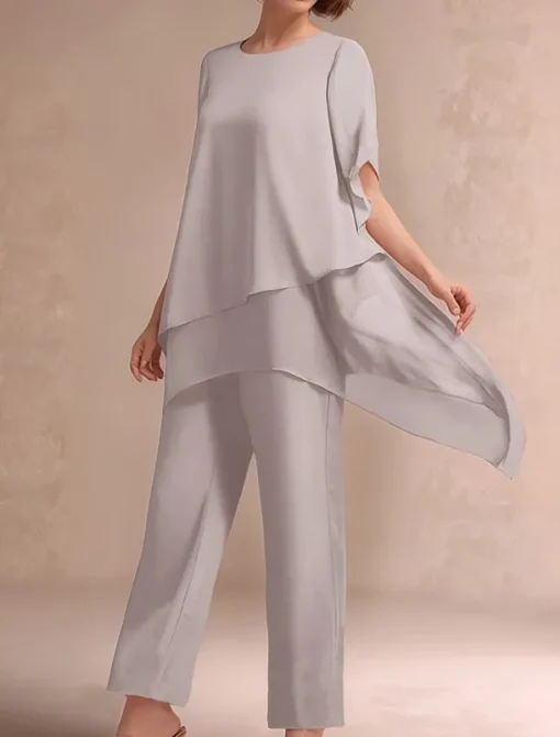 Pantsuit 2 Piece Mother of the Bride Dress Classic Crew Neck Elegant Asymmetrical Chiffon Short Sleeve with Solid Color