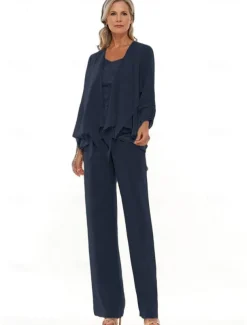 Pantsuit 3 Piece Mother of the Bride Wedding Elegant Crew Neck Floor Length Chiffon Long Sleeve with Lace Ruffles