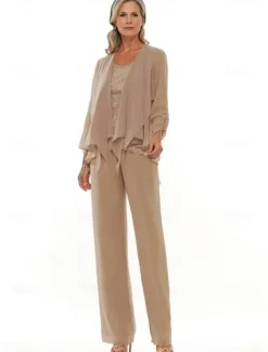 Pantsuit 3 Piece Mother of the Bride Wedding Elegant Crew Neck Floor Length Chiffon Long Sleeve with Lace Ruffles