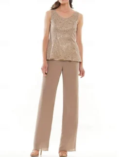 Pantsuit 3 Piece Mother of the Bride Wedding Elegant Crew Neck Floor Length Chiffon Long Sleeve with Lace Ruffles