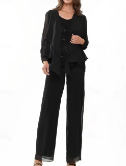 Pantsuit 3 Piece Mother of the Bride Wedding Elegant Crew Neck Floor Length Chiffon Long Sleeve with Lace Ruffles