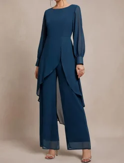 Pantsuit 2 Piece Mother of the Bride Classic Crew Neck Asymmetrical Hem Chiffon Long Sleeve with Solid Color