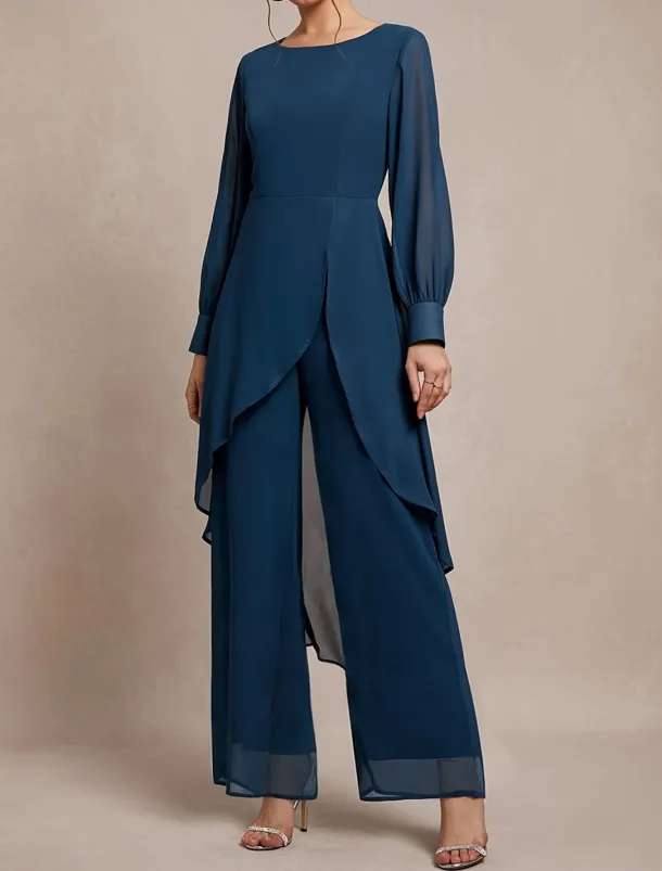 Pantsuit 2 Piece Mother of the Bride Classic Crew Neck Asymmetrical Hem Chiffon Long Sleeve with Solid Color