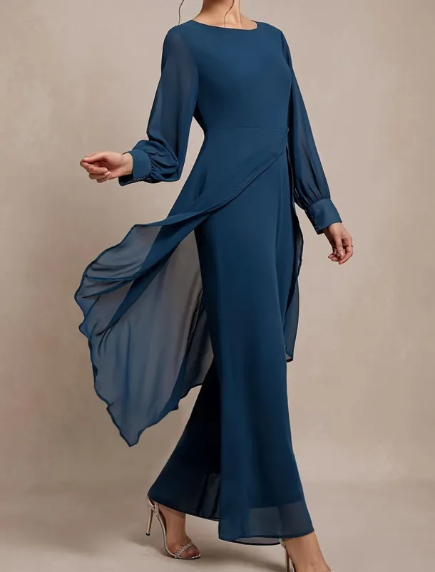 Pantsuit 2 Piece Mother of the Bride Classic Crew Neck Asymmetrical Hem Chiffon Long Sleeve with Solid Color