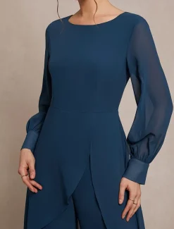 Pantsuit 2 Piece Mother of the Bride Classic Crew Neck Asymmetrical Hem Chiffon Long Sleeve with Solid Color