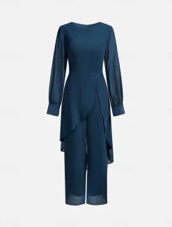Pantsuit 2 Piece Mother of the Bride Classic Crew Neck Asymmetrical Hem Chiffon Long Sleeve with Solid Color