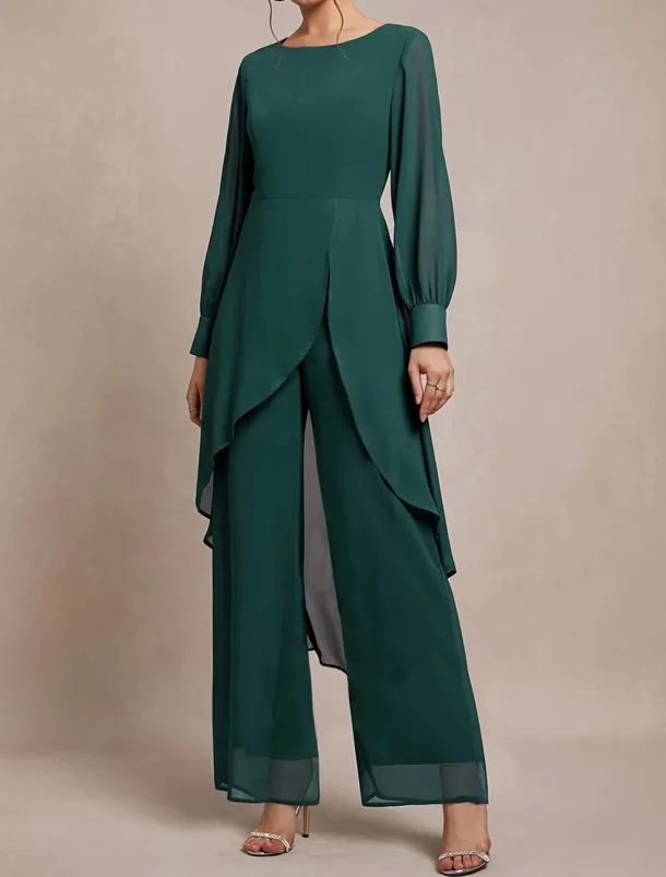 Pantsuit 2 Piece Mother of the Bride Classic Crew Neck Asymmetrical Hem Chiffon Long Sleeve with Solid Color