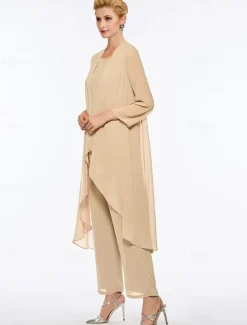 Pantsuit 3 Piece Mother of the Bride Elegant Plus Size Floor Length Chiffon Sleeveless Wrap Included with Solid Color to impress free custom size