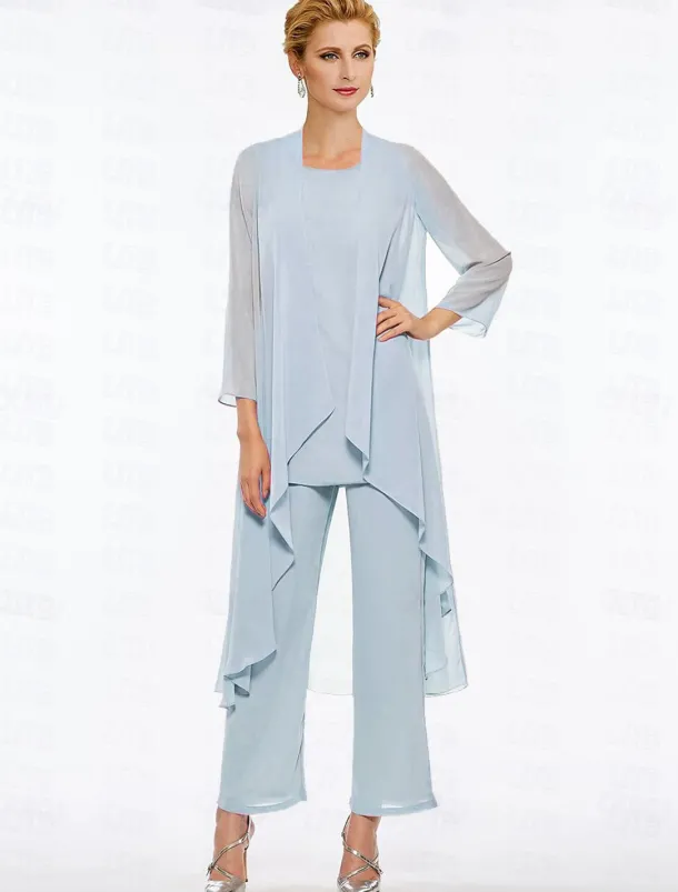 Pantsuit 3 Piece Mother of the Bride Elegant Plus Size Floor Length Chiffon Sleeveless Wrap Included with Solid Color to impress free custom size