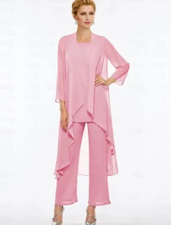 Pantsuit 3 Piece Mother of the Bride Elegant Plus Size Floor Length Chiffon Sleeveless Wrap Included with Solid Color to impress free custom size