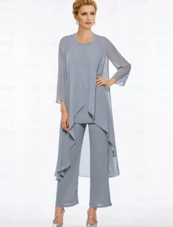 Pantsuit 3 Piece Mother of the Bride Elegant Plus Size Floor Length Chiffon Sleeveless Wrap Included with Solid Color to impress free custom size